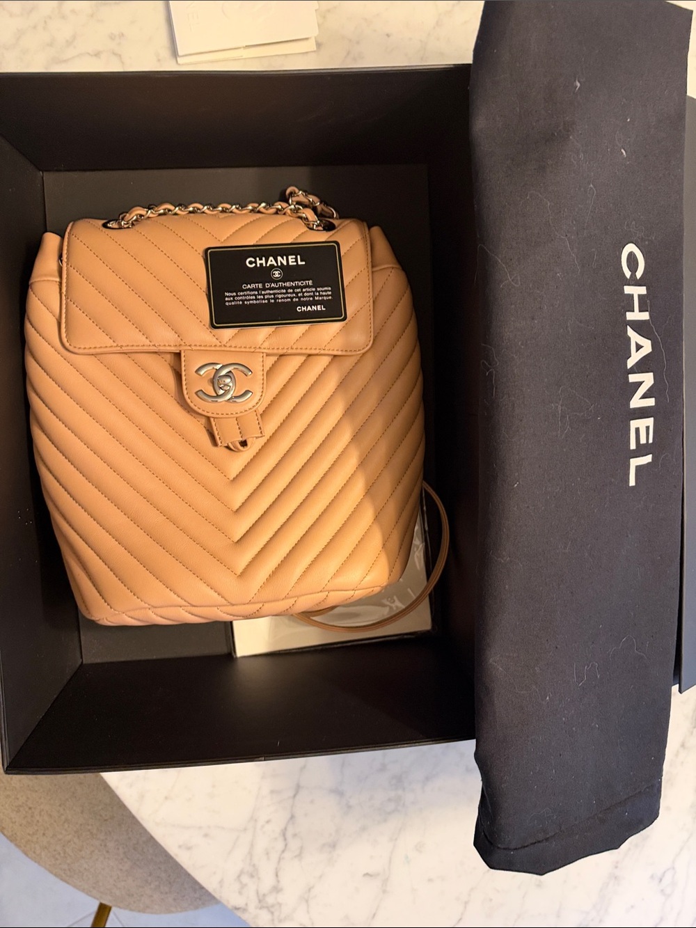 CHANEL Tan Quilted Chevron Leather Backpack with CC Turn-Lock